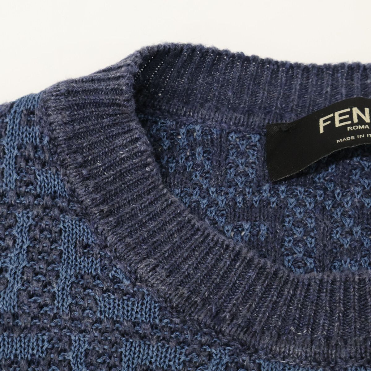 Fendi Blue Linen Cotton FF All Over Pattern Short Sleeve Knit Pullover 50 — view 6