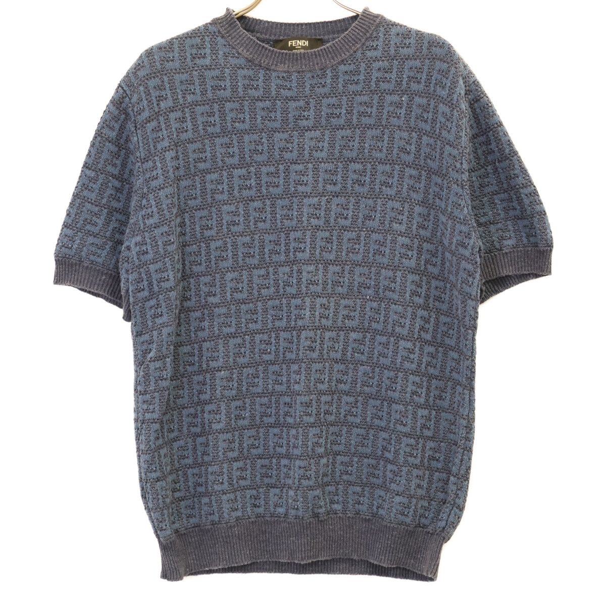Fendi Blue Linen Cotton FF All Over Pattern Short Sleeve Knit Pullover 50