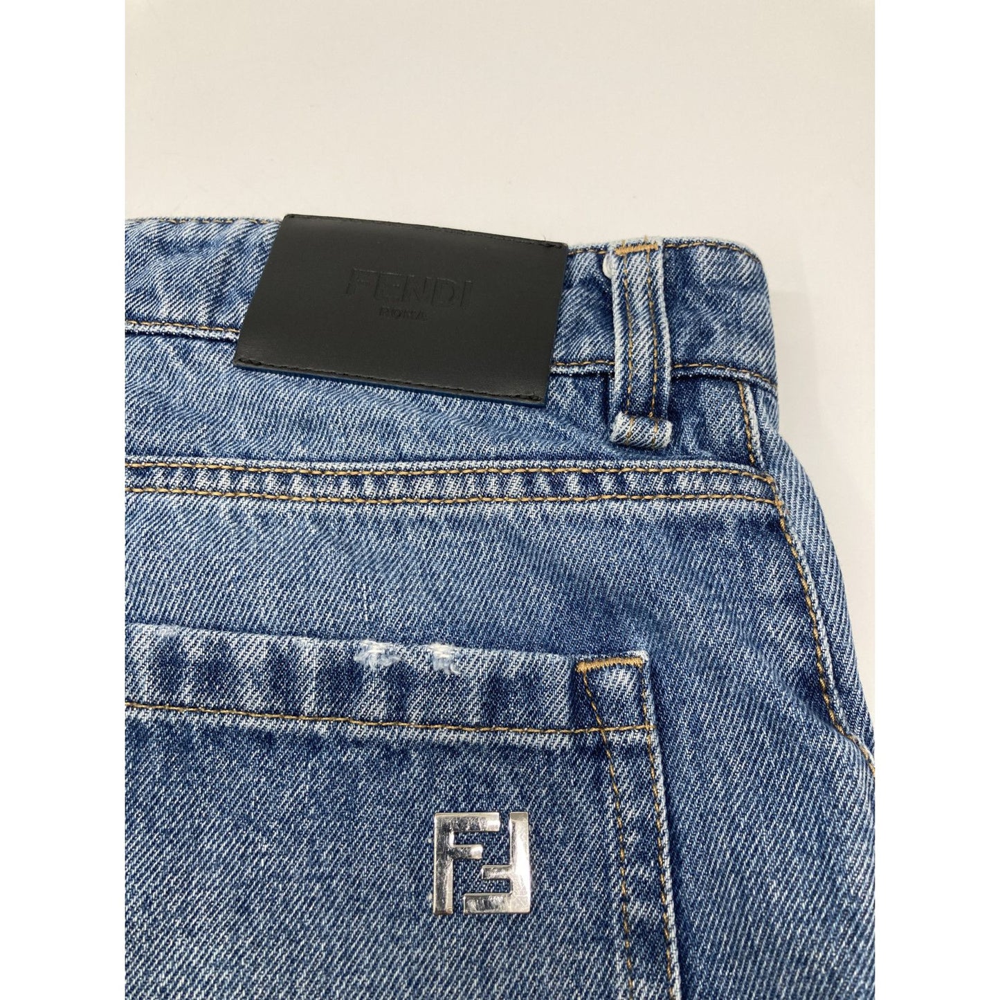 Fendi Blue Cotton FF Metal Plate Zip Fly Denim Shorts — view 8