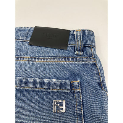 Fendi Blue Cotton FF Metal Plate Zip Fly Denim Shorts — view 8