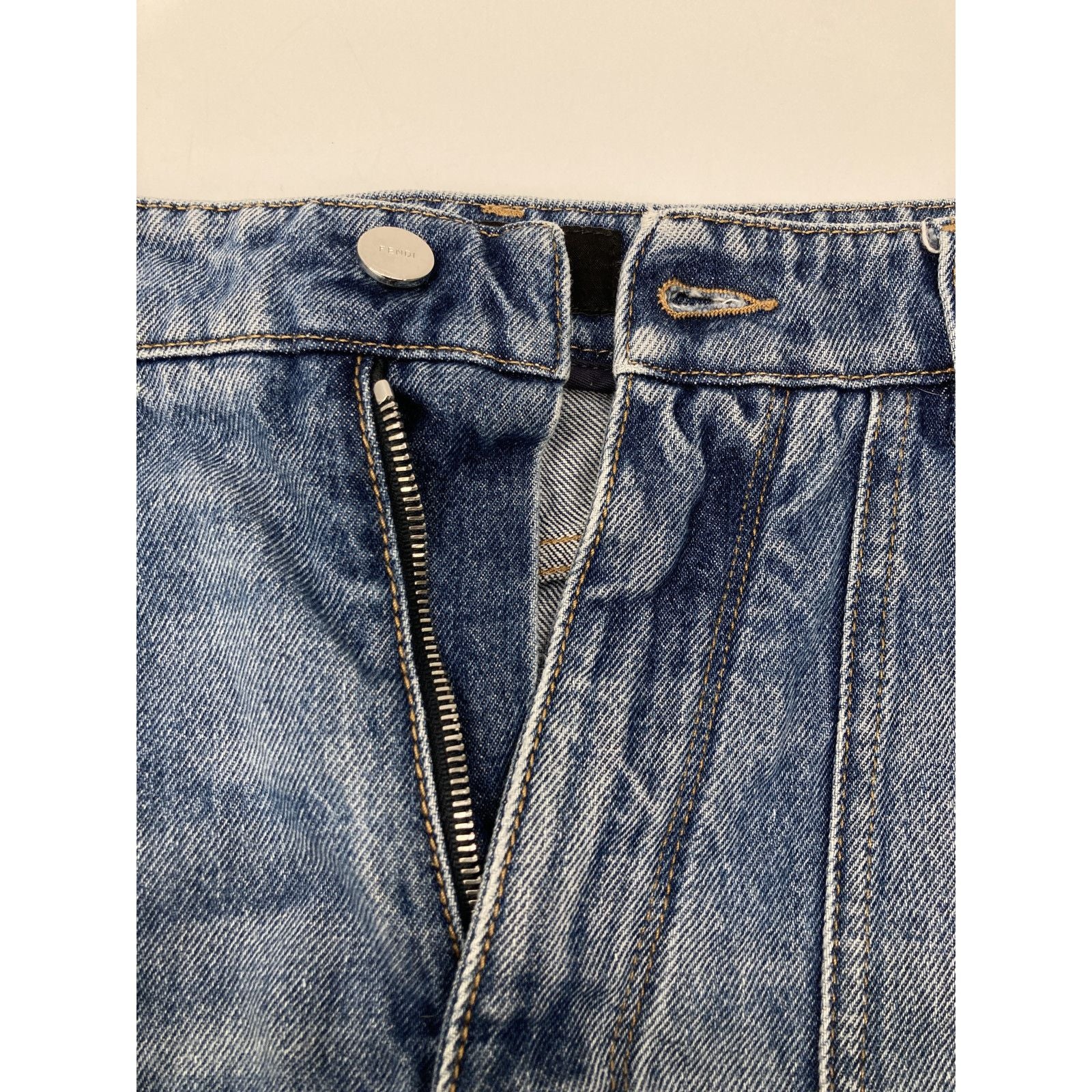 Fendi Blue Cotton FF Metal Plate Zip Fly Denim Shorts — view 3