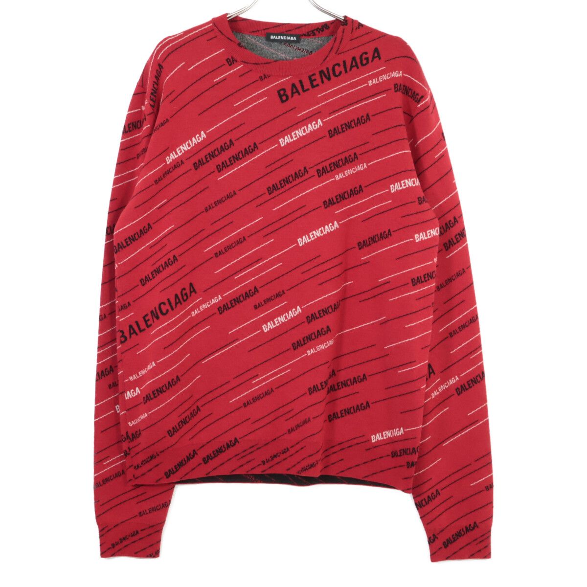 Balenciaga Red Jacquard Logo Oversize Crew Neck Knit Sweater