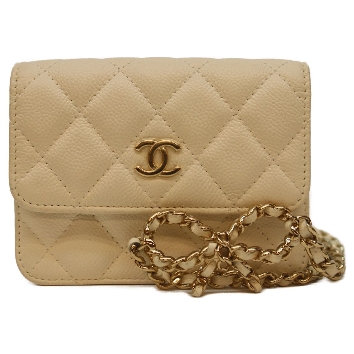 Chanel White Caviar Quilted Ribbon Chain Belt Mini Pouch