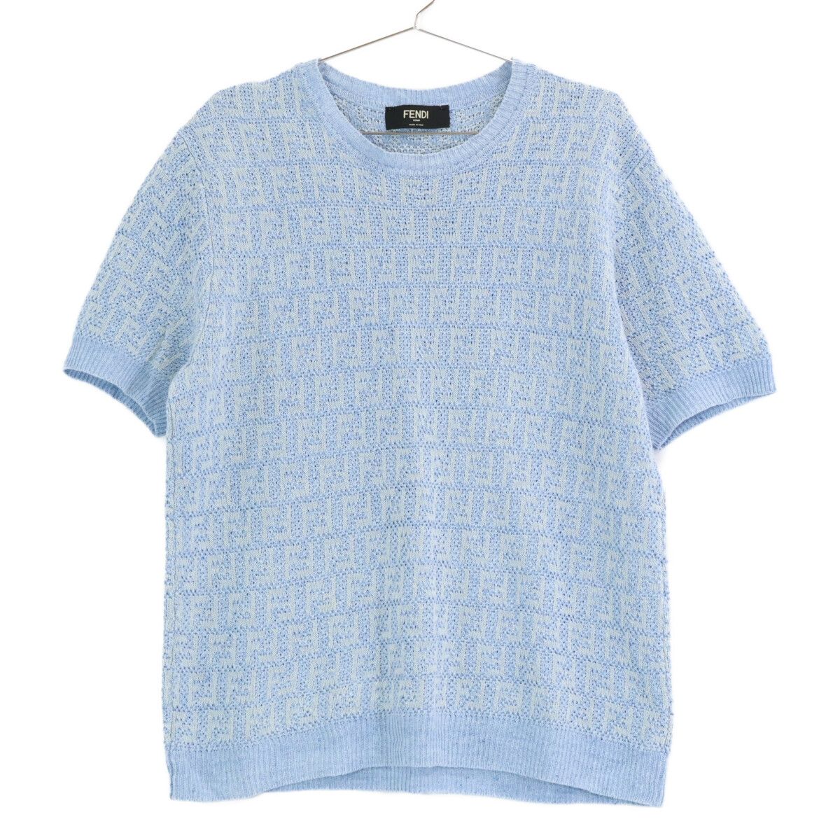 Fendi Light Blue Linen Cotton FF All Over Pattern Short Sleeve Knit Pullover 50