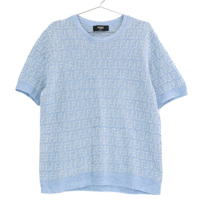 Fendi Light Blue Linen Cotton FF All Over Pattern Short Sleeve Knit Pullover 50