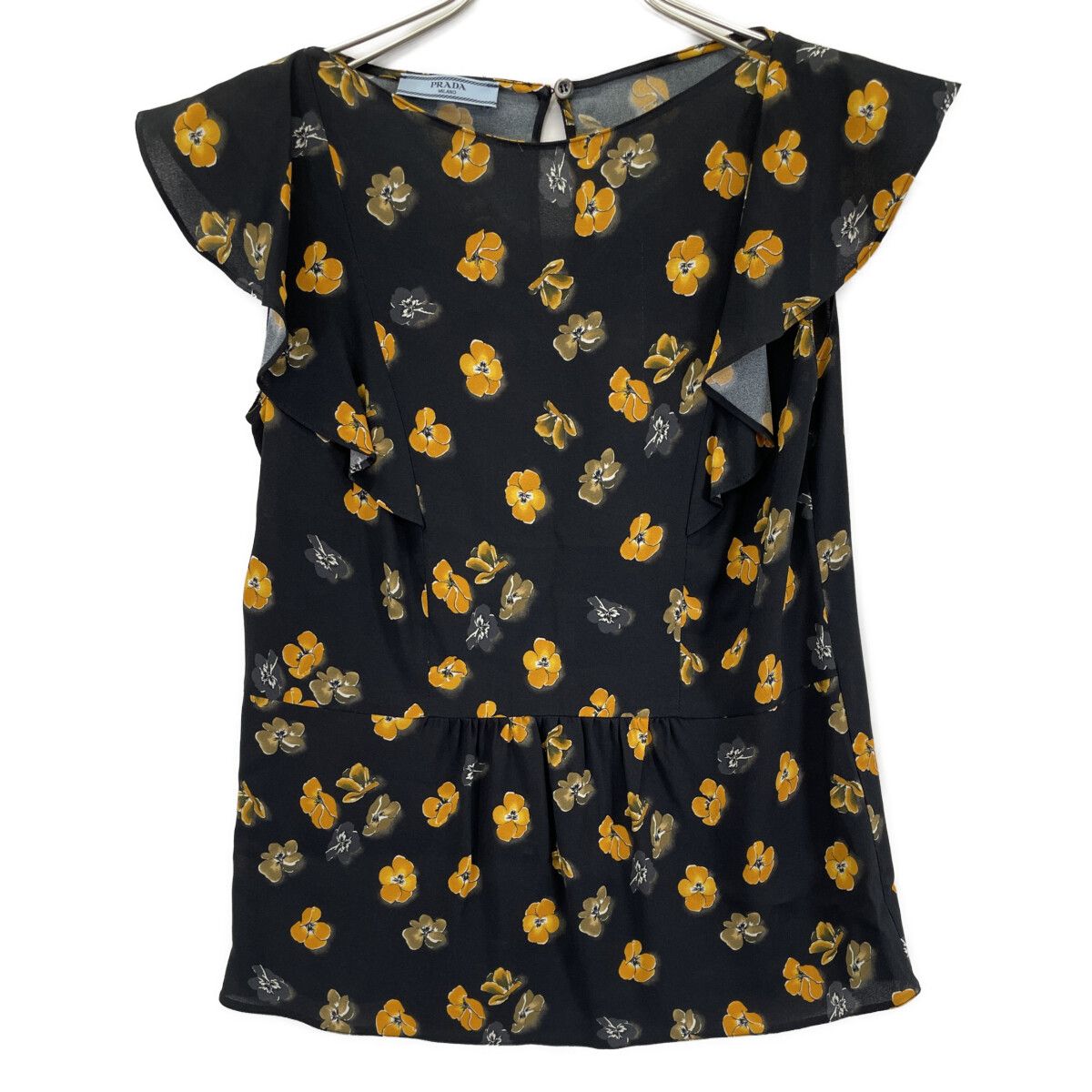 Prada Black Flower Print Ruffle Sleeve Blouse 38