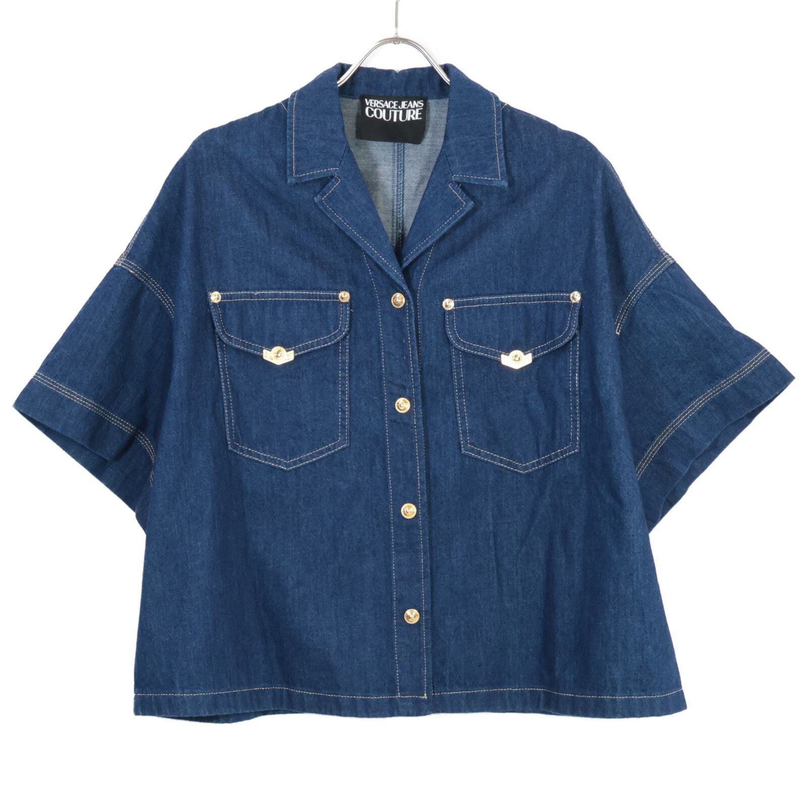 Versace Jeans Indigo Gold Button Short Sleeve Denim Shirt 36
