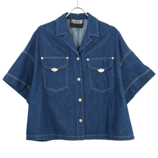 Versace Jeans Indigo Gold Button Short Sleeve Denim Shirt 36