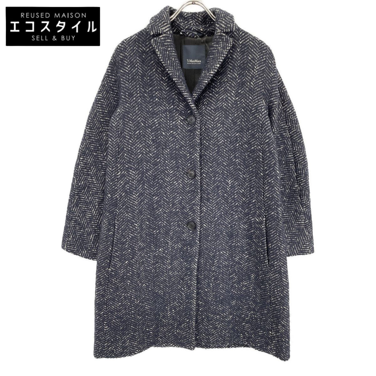 Max Mara S Maxmara Navy Wool Alpaca Herringbone Star Coat 42