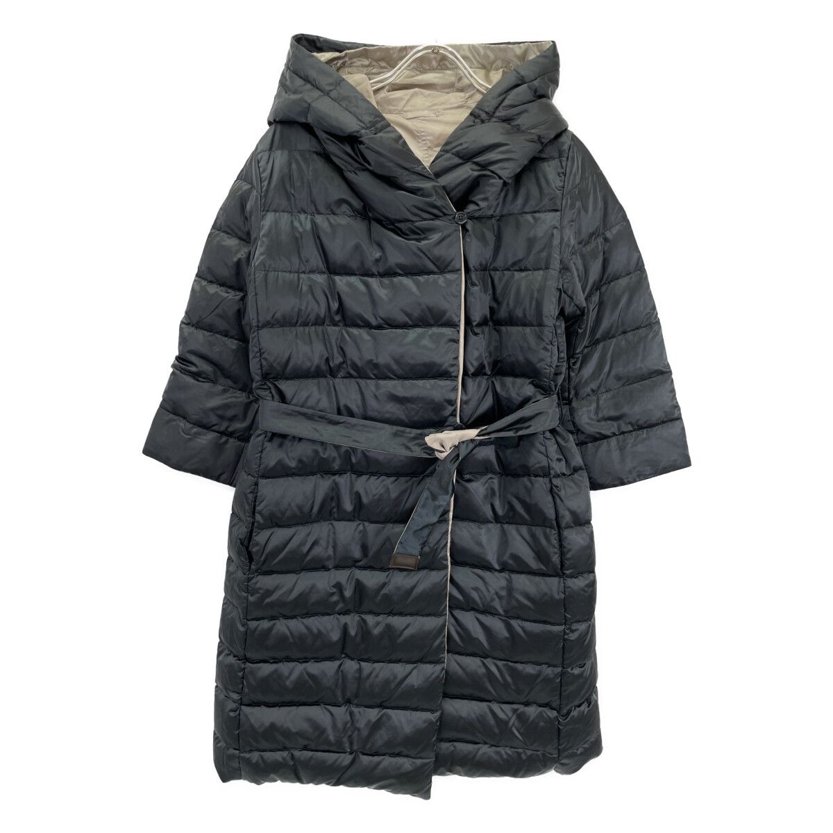 Max Mara S Maxmara Dark Navy Beige Belted Reversible Hooded Down Coat 42