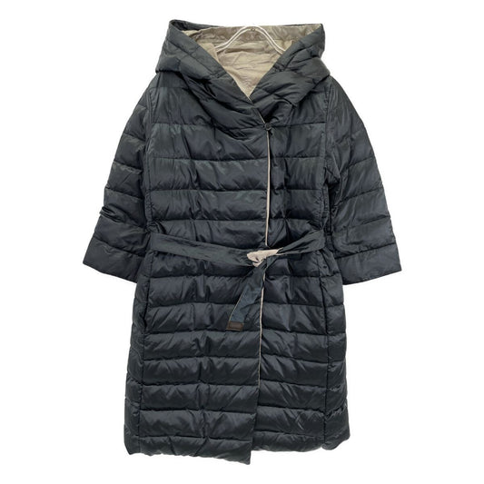Max Mara S Maxmara Dark Navy Beige Belted Reversible Hooded Down Coat 42