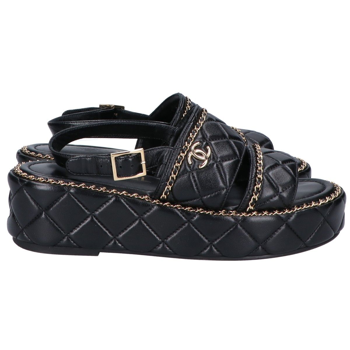 Chanel CC Logo Quilted Chain Platform Sandals 37 1 2C — view 5