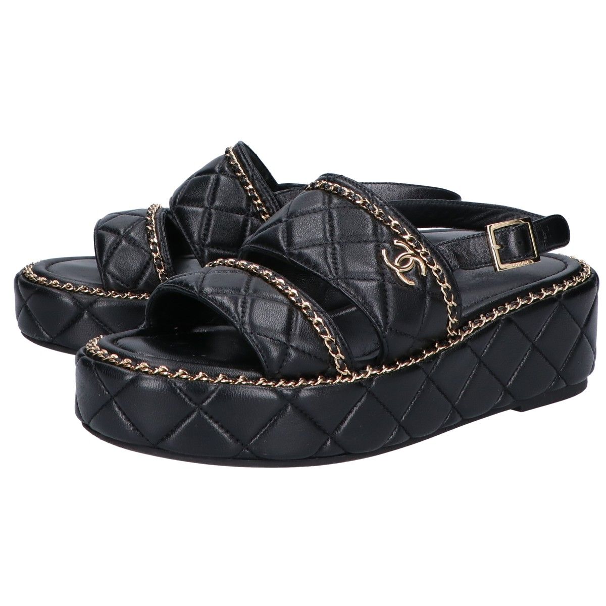 Chanel CC Logo Quilted Chain Platform Sandals 37 1 2C