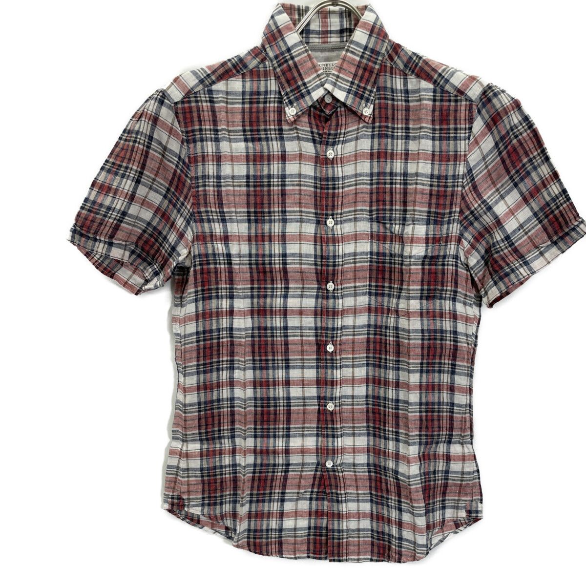 Brunello Cucinelli Multicolor Linen 100 Slim Fit Plaid Short Sleeve Button Down