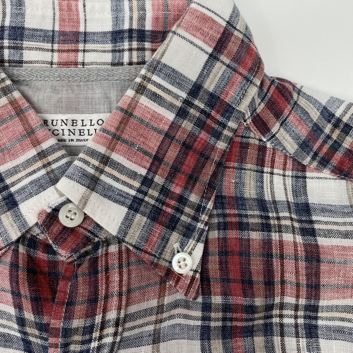 Brunello Cucinelli Multicolor Linen 100 Slim Fit Plaid Short Sleeve Button Down — view 8