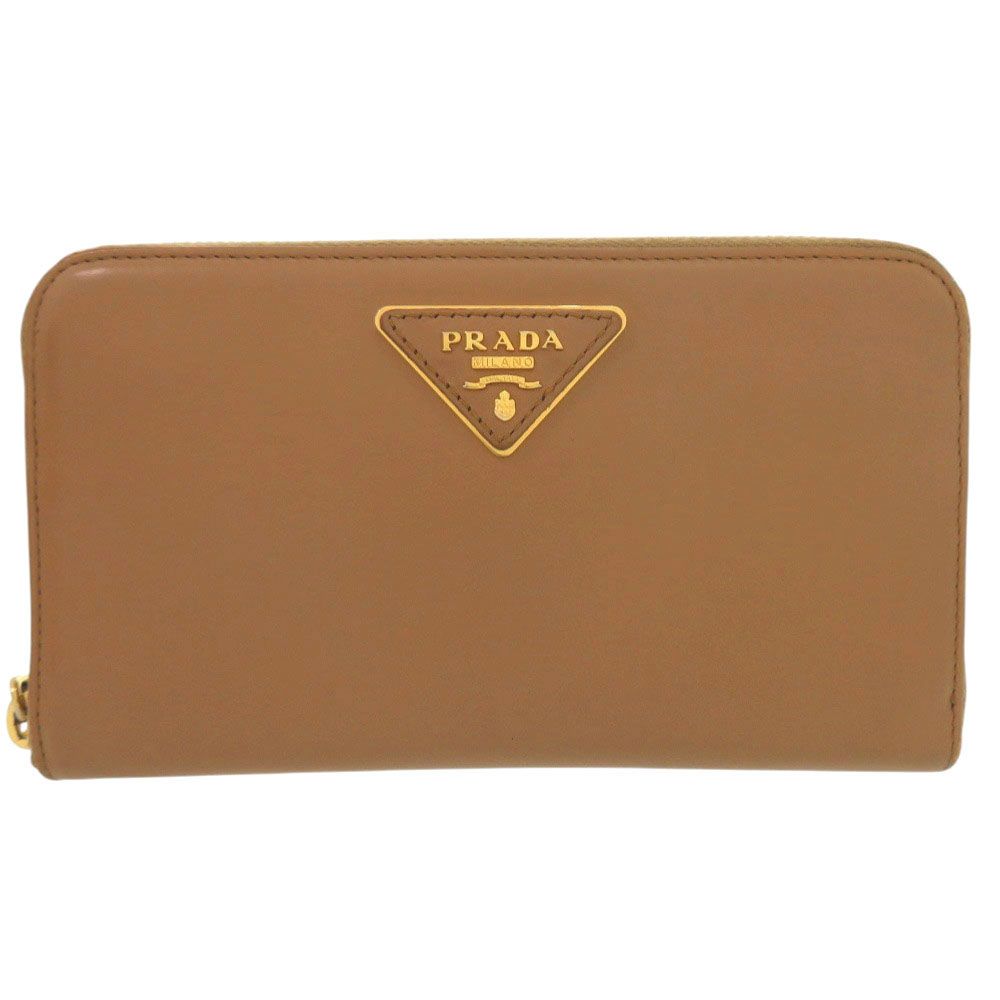 Prada Zip Around Gold Leather Caramel Brown Wallet