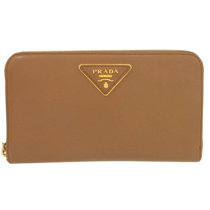 Prada Zip Around Gold Leather Caramel Brown Wallet
