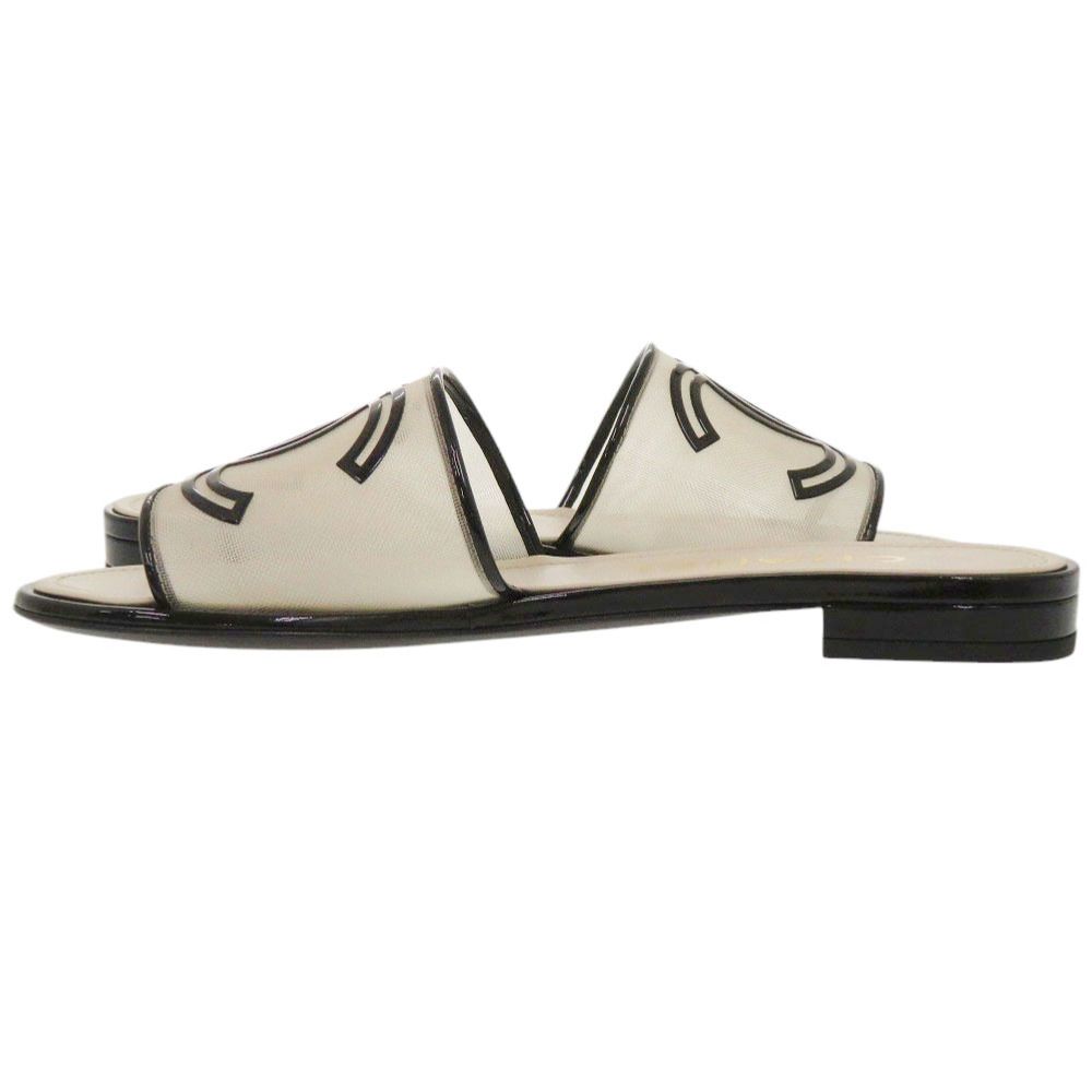 Chanel CC Flat Sandals 36 Patent Leather Mesh Ivory Black Mules — view 6