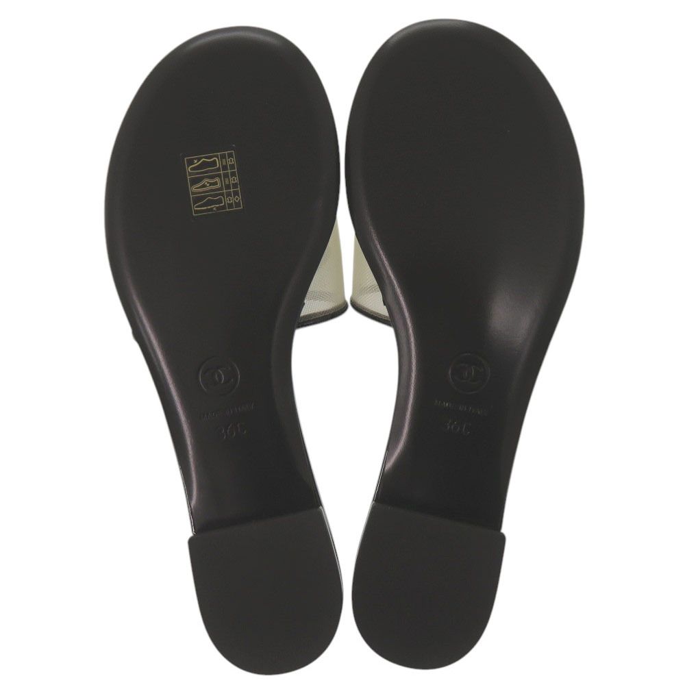 Chanel CC Flat Sandals 36 Patent Leather Mesh Ivory Black Mules — view 7