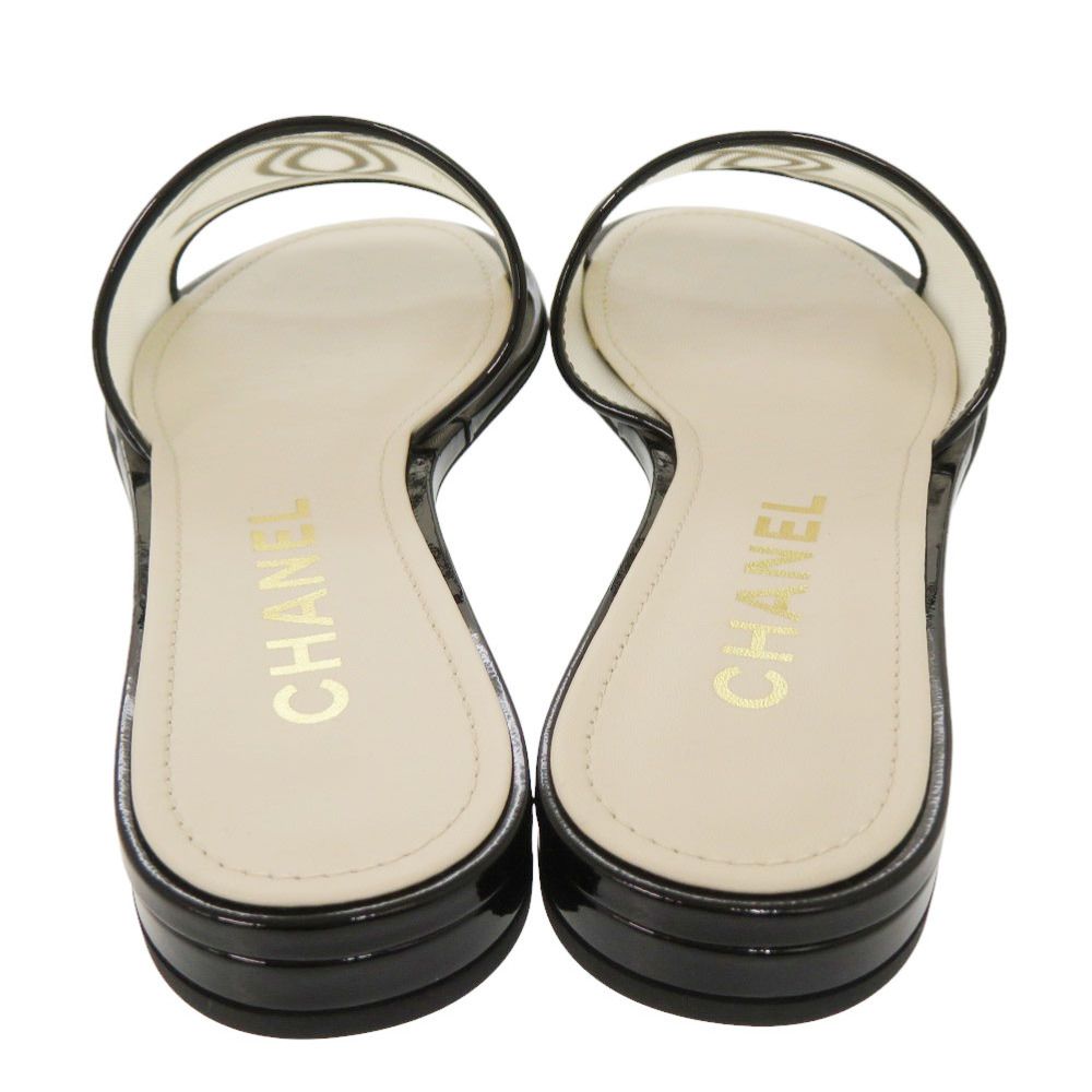 Chanel CC Flat Sandals 36 Patent Leather Mesh Ivory Black Mules — view 4
