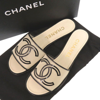 Chanel CC Flat Sandals 36 Patent Leather Mesh Ivory Black Mules — view 2
