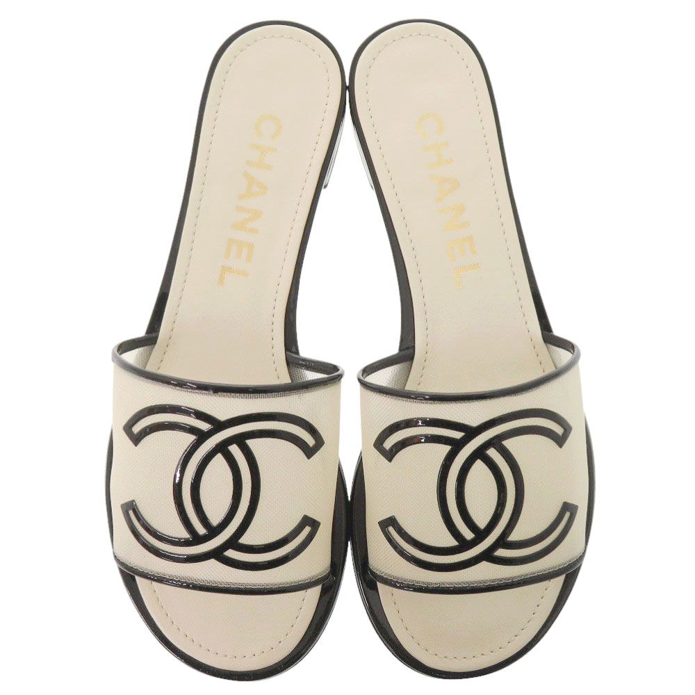 Chanel CC Flat Sandals 36 Patent Leather Mesh Ivory Black Mules — view 3