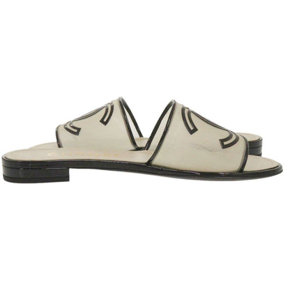 Chanel CC Flat Sandals 36 Patent Leather Mesh Ivory Black Mules — view 5
