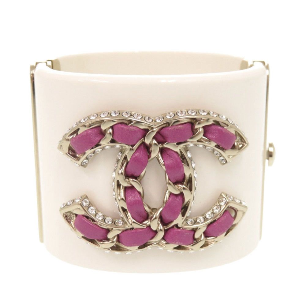 Chanel CC Logo Plastic Metal Rhinestone White Bangle Bracelet
