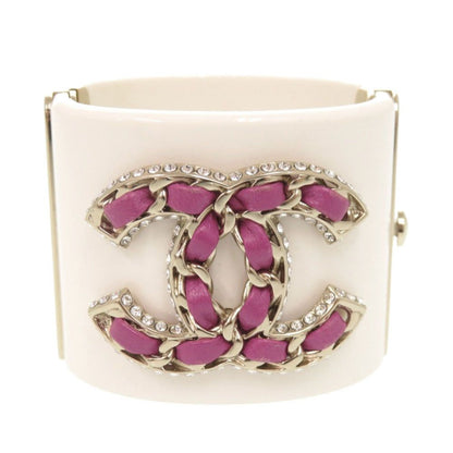Chanel CC Logo Plastic Metal Rhinestone White Bangle Bracelet