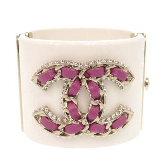 Chanel CC Logo Plastic Metal Rhinestone White Bangle Bracelet