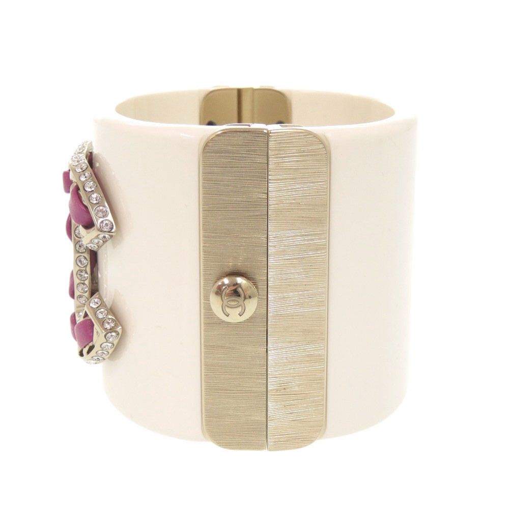 Chanel CC Logo Plastic Metal Rhinestone White Bangle Bracelet — view 2
