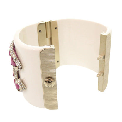 Chanel CC Logo Plastic Metal Rhinestone White Bangle Bracelet — view 5