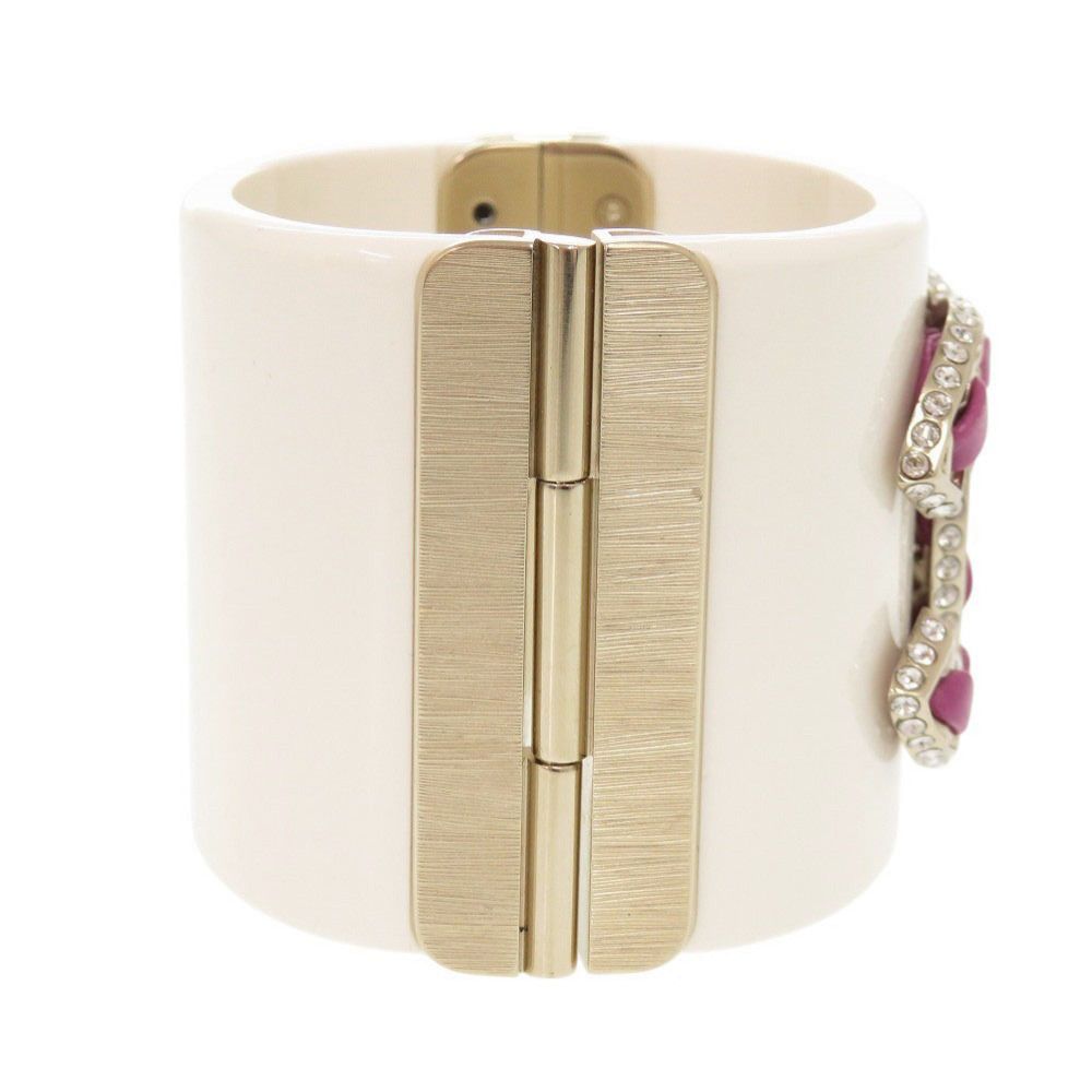 Chanel CC Logo Plastic Metal Rhinestone White Bangle Bracelet — view 4