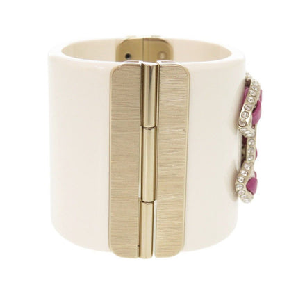 Chanel CC Logo Plastic Metal Rhinestone White Bangle Bracelet — view 4