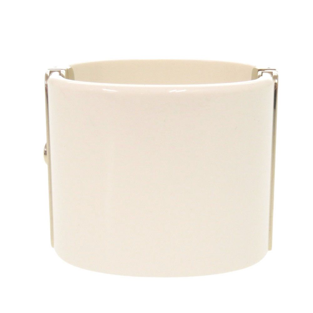 Chanel CC Logo Plastic Metal Rhinestone White Bangle Bracelet — view 3