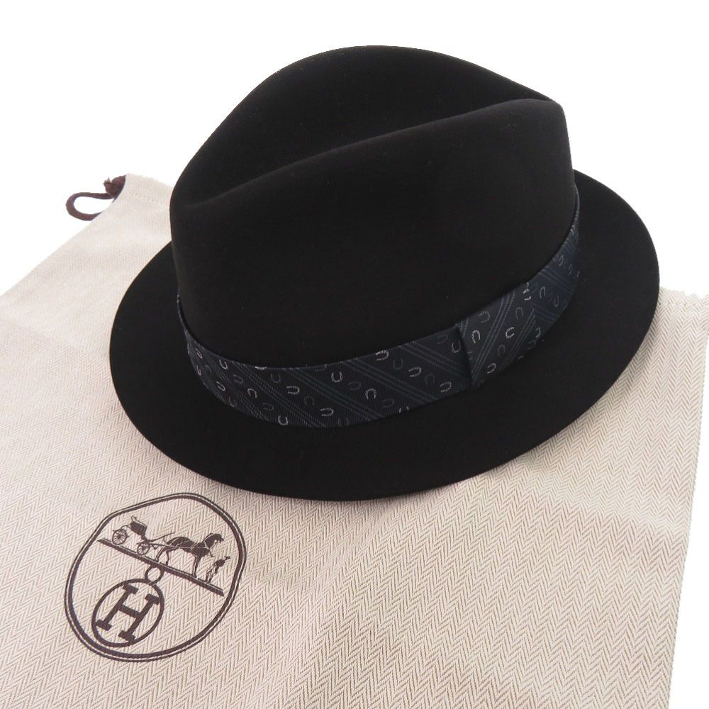 Hermes Beaver Felt Fedora Hat Folded Hat 59 Silk Leather Black Navy Blue — view 2