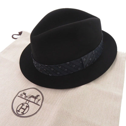 Hermes Beaver Felt Fedora Hat Folded Hat 59 Silk Leather Black Navy Blue — view 2