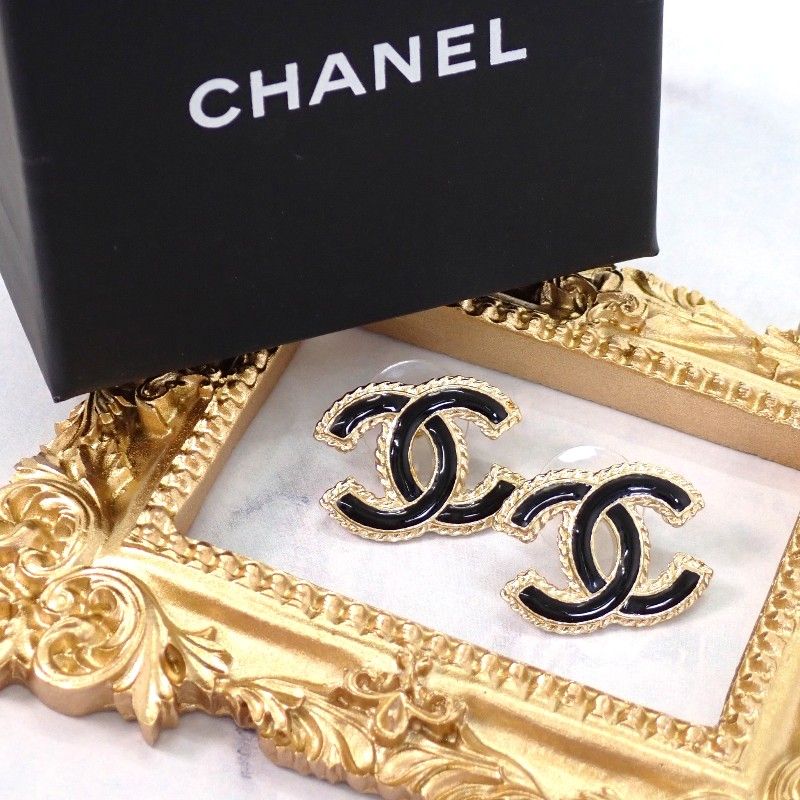 Chanel CC Logo Earrings Metal Gold Black
