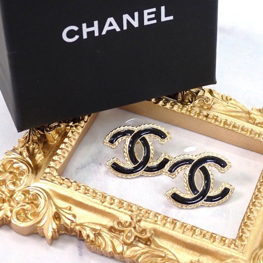 Chanel CC Logo Earrings Metal Gold Black