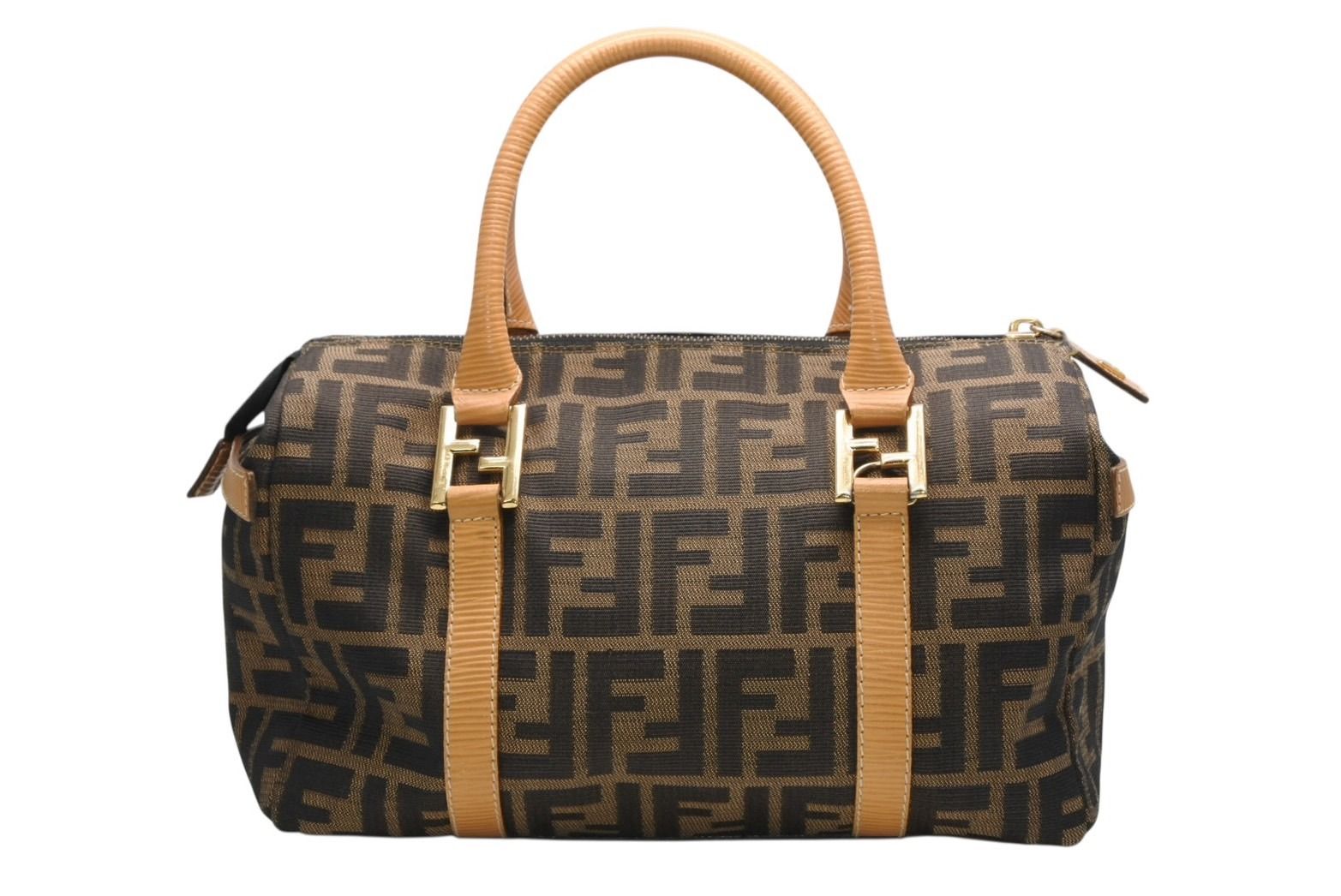 Fendi Zucca 2-Way Handbag Brown Beige Leather Canvas Gold