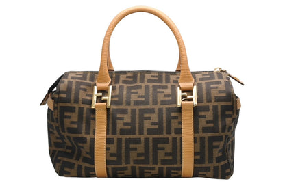 Fendi Zucca 2-Way Handbag Brown Beige Leather Canvas Gold