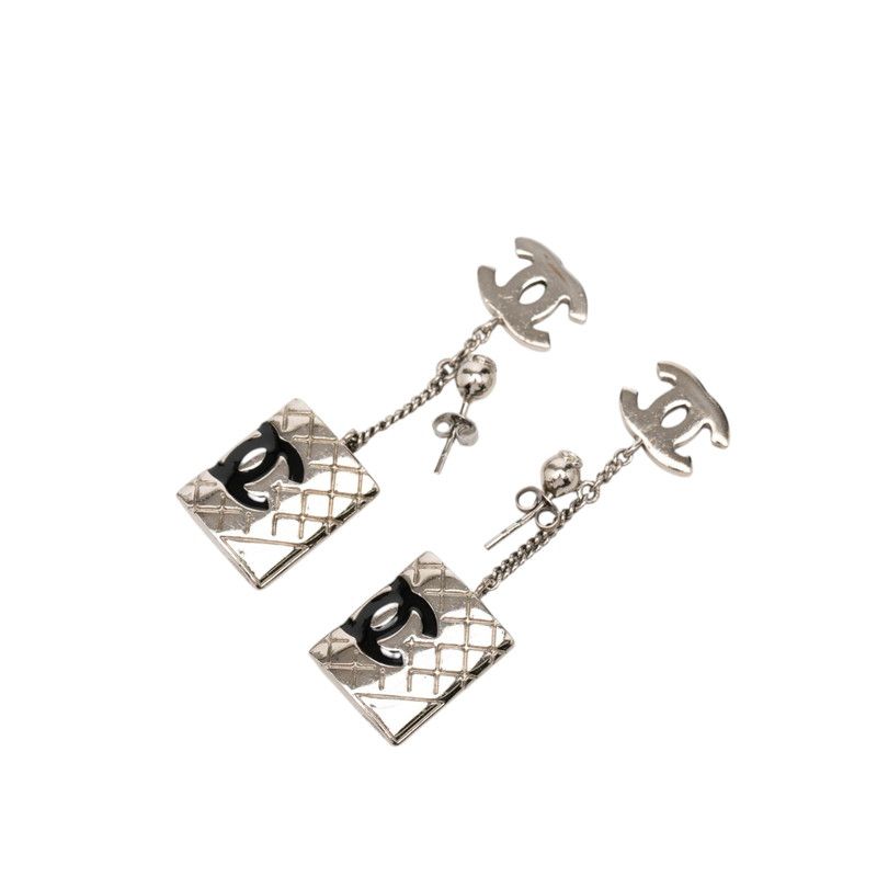 Chanel CC Logo Cambon Line Earrings Silver Black Metal