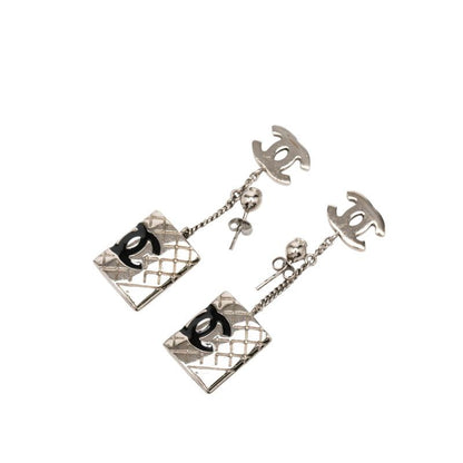 Chanel CC Logo Cambon Line Earrings Silver Black Metal