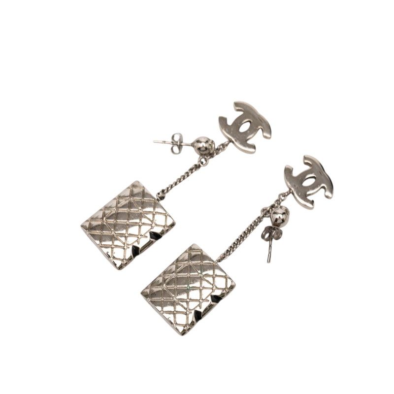 Chanel CC Logo Cambon Line Earrings Silver Black Metal — view 2
