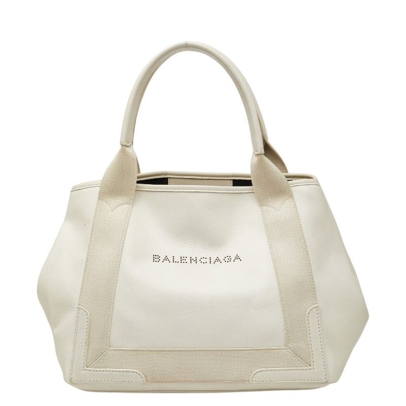 Balenciaga Perforated Logo Navy Cabas S Tote White Leather Canvas