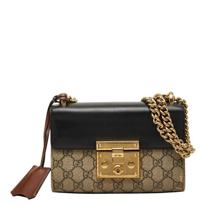 Gucci GG Supreme Chain Shoulder Bag Beige Black Leather