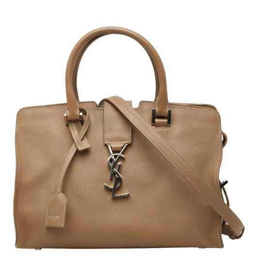 Saint Laurent Monogram Cabas Baby 2-Way Shoulder Bag Beige Silver Leather
