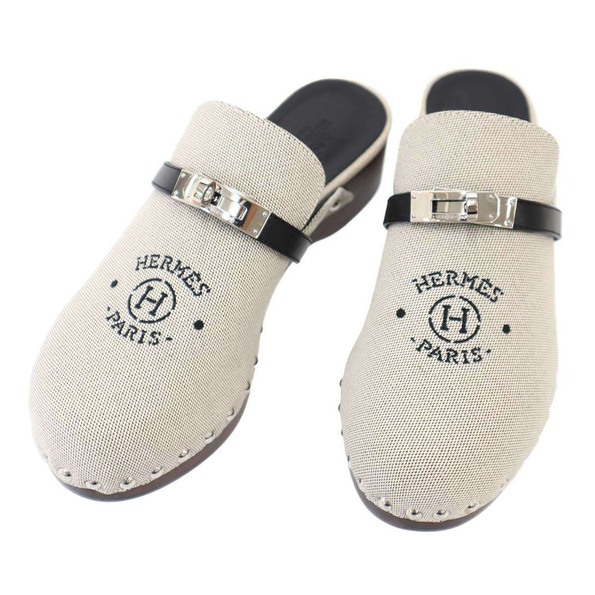 Hermes Carlotta Mule Sabo Logo Kelly Sandals Gray Black