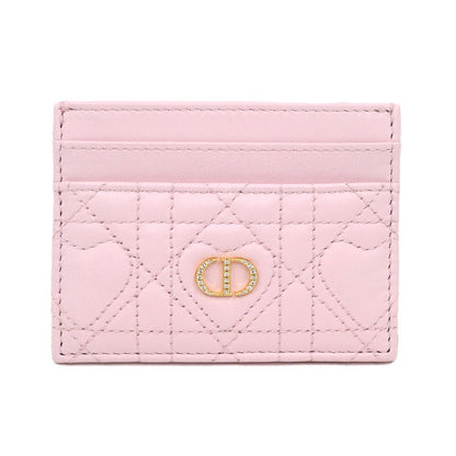 Dior Logo Rhinestone Card Case Pink Heart Quilted Leather Gold