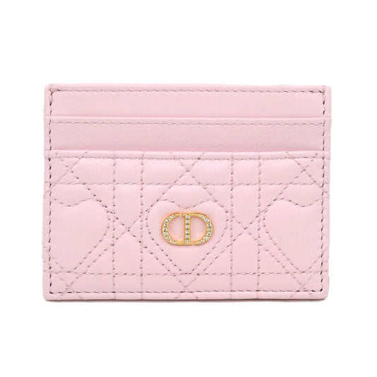 Dior Logo Rhinestone Card Case Pink Heart Quilted Leather Gold
